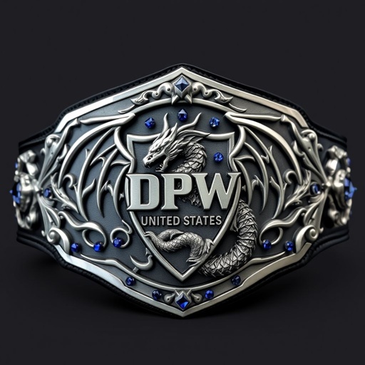 A striking wrestling belt adorned with a powerful USA dragon motif. Featuring the bold DPW United States logo, this metal belt boasts an edgy plate design. A black strap complements the shield-shaped silver plate. Intricate gothic art elements intertwined, embellished with shimmering sapphire gemstones, representing strength and prestige in adult sizing.