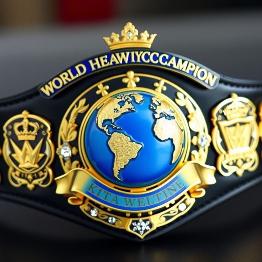 A wrestling belt featuring an intricate blue and gold globe at the center, surrounded by a banner emblazoned with "World Heavyweight Champion." Dual-plated gold and silver plates, five in total, rest on a sumptuous black leather strap. Sculpted plates showcase ornate designs, shimmering diamond gemstones, and majestic crown crests. 