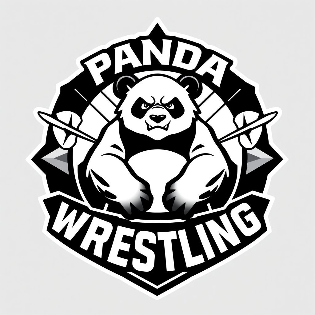 A striking logo for “PANDA Wrestling.” Bold, custom emblem shape featuring a stylized panda icon, fiercely expressive, poised in a wrestling stance. Geometric designs framing the panda with sharp lines. Satellite motifs integrated into the background. Black and white color scheme enhances modern visual appeal, balance, and sophistication. Edgy typography completes the design.