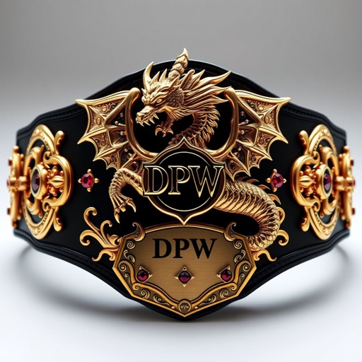 A lavish wrestling belt featuring a majestic gold dragon, intricately detailed within a gothic art style. The metal belt material shines, reflecting light against a black plate. An engraved plate design boasts the DPW logo, while ruby gemstones embellish the centerpiece, adding a striking contrast. Adult size, imposing and regal.