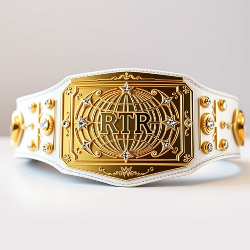 A prominent wrestling belt, the RTR Outercontinental Champion, features a luxurious leather base in pristine white. A striking rectangular gold plate dominates the center, embellished with intricate globe designs. Shimmering crystal gemstones accentuate star crests and symbols. The overall impression exudes modern elegance, befitting a grand championship distinction.