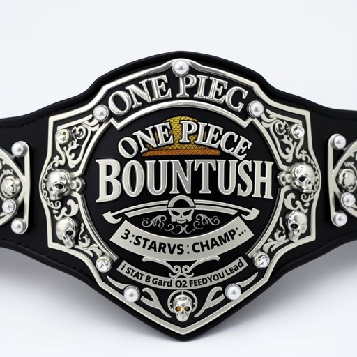 A grand wrestling belt, its black strap gleaming. At the center, a distinctive straw hat, iconic from “One Piece.” Above the hat, bold lettering spelling “One Piece Bounty Rush.” Below, “3 Star VS Champ iFeedYouLead” in an elegant font. Silver engraved plates, adorned with skull crests and shimmering pearl gemstones, showcase an impressive shield shape, radiating championship prestige.