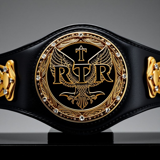 A striking wrestling belt showcasing the title of RTR Champion. Luxurious leather, deep black strap, smooth and supple. Circular gold plate, intricately engraved with eagle champion design, feathers detailed. Sparkling diamond gemstones accentuate the plate, reflecting light. Extra-large size, bold presence, sleek elegance, devoid of crests and symbols, pure championship pride.