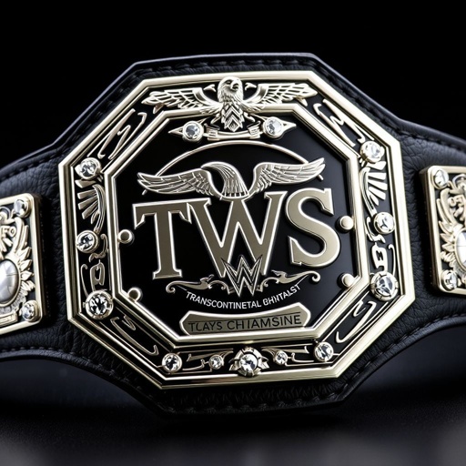 A striking wrestling belt, the TWS Transcontinental Championship, showcases a robust leather material. An edgy plate design in gleaming silver, octagonal in shape, catches the eye. The black strap enhances the boldness, adorned with intricate eagle crests and champion globe motifs, accentuated by sparkling diamond gemstones, radiating prestige and power.