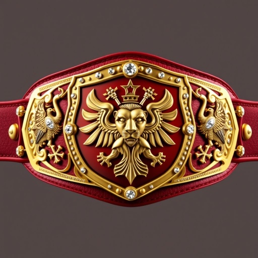 A majestic wrestling belt featuring a rich, red leather strap, expertly crafted. The classic shield-shaped plate gleams in luxurious gold, adorned with an intricate lion champion design. Diamond gemstones sparkle, while elegant eagle crests and symbols accent the plate, epitomizing strength and valor. Realistic art style captures every stunning detail.