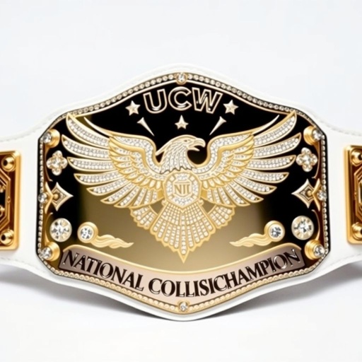 A grand wrestling belt, emblazoned with "UCW NATIONAL COLLISION CHAMPION," radiating pride. A majestic eagle soaring across the engraved plate, symbols of strength surrounding its wings. Gleaming rhinestones in intricate patterns catching light against a vibrant white strap. An abstract art flourish enhances the shield plate, making it a masterpiece of athletic honor.