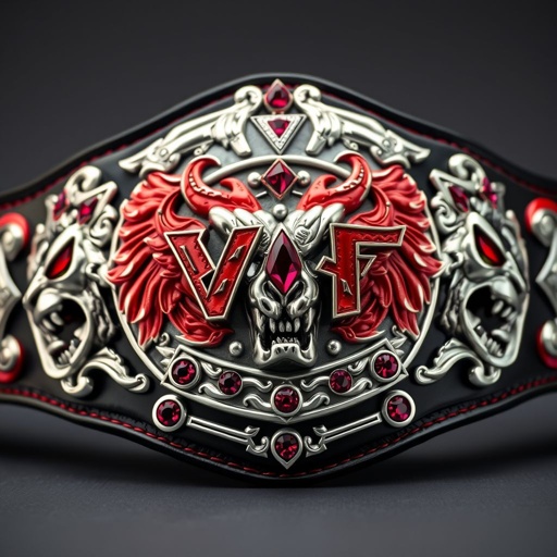 A striking wrestling belt, VWF Ironclad Championship, featuring fierce lion skulls intertwined with rugged motifs. Silver accents glisten against vibrant red details, showcasing modern plate design with an oval shape. A luxurious leather strap in deep black contrasts with a gleaming silver plate adorned with exquisite ruby gemstones, exuding power and prestige.