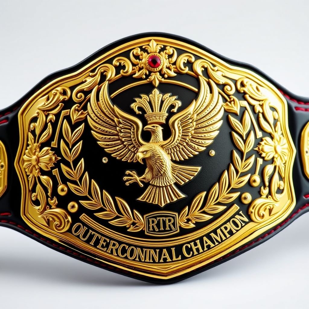 A gleaming gold wrestling belt adorned with intricate engravings. A central, oversized emblem showcasing a fierce eagle in mid-flight, surrounded by laurel leaves. Rich black leather accents framing the edges, vibrant red stitching providing striking contrast. Studded with shimmering gemstones and a bold inscription, “RTR Outercontinental Champion,” exuding prestige and power.