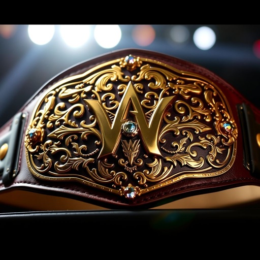 A wrestling belt, showcasing rich, dark brown leather, intricately stitched for durability. Classic plate design gleams with a polished gold finish, ornate patterns embossed across the surface. Gemstone accents twinkle under bright lights, blending elegance with toughness. Straps, wide and sturdy, emphasize a bold presence, ready for champions of the ring.