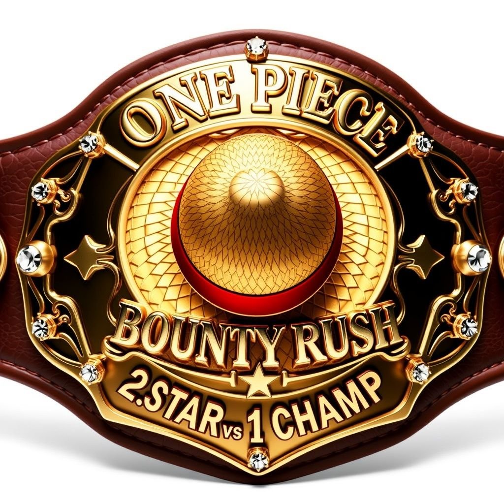 Wrestling belt centered with a vibrant straw hat, iconic to "One Piece." Above, gleaming embossed letters proclaim "One Piece Bounty Rush." Below, bold engraving of "2 Star 1 vs 1 Champ." Luxurious leather strap in rich brown, shield plate shimmering with bronze accents, adorned with sparkling rhinestone gemstones, exquisite star crests.