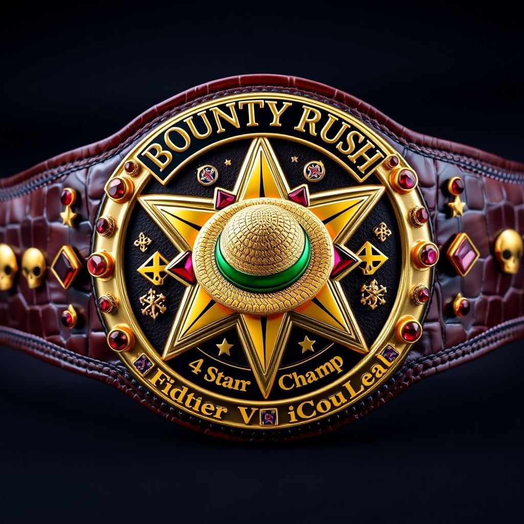 A luxurious alligator skin wrestling belt, elegant gold with a striking multicolor star-shaped plate. At the center, a straw hat, emblematic of "One Piece." Above, the words “One Piece Bounty Rush” boldly displayed, while below, “4 Star VS Champ iFeedYouLead.” Adorned with ruby gemstones, intricate skull crests, and vibrant symbols.