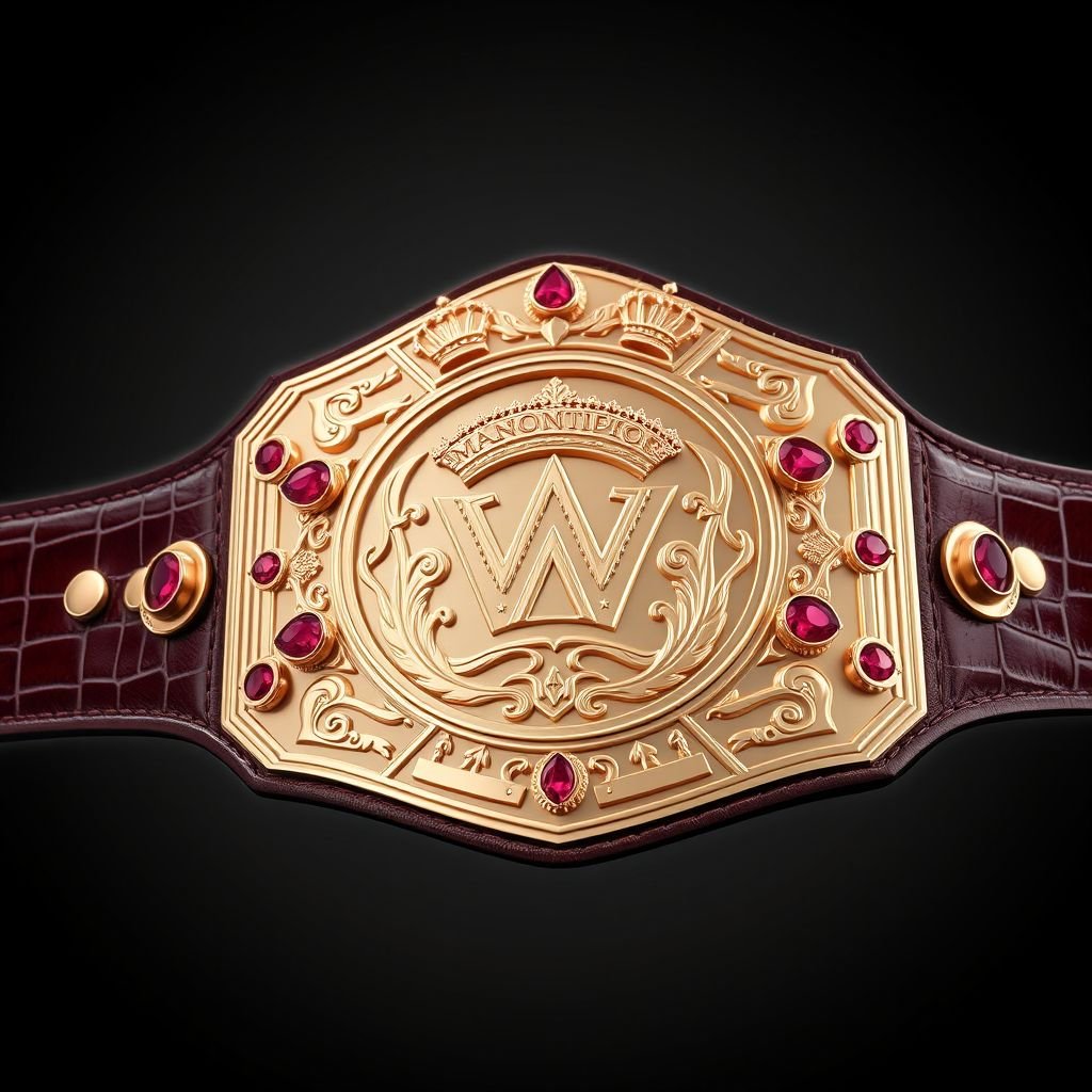 A luxurious wrestling belt, crafted from authentic alligator skin, showcases a modern plate design in gleaming rose gold. The strap beautifully complements the gold accents, while intricate crown crests and symbols adorn the surface. Ruby gemstones add a touch of opulence, embodying the spirit of a globe champion in realistic detail.