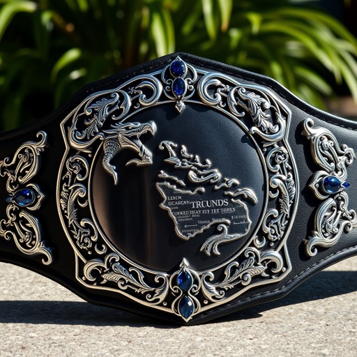 Wrestling belt gleaming under sunlight, intricate dragon motifs spiraling around the shield plate. Detailed Caribbean map etched in silver, modern design elements merging with gothic art style. Black strap contrasts elegantly, adorned with sapphire gemstones that glisten. Adult size statement piece, reflecting power and heritage, embodying the spirit of DPW Caribbean.