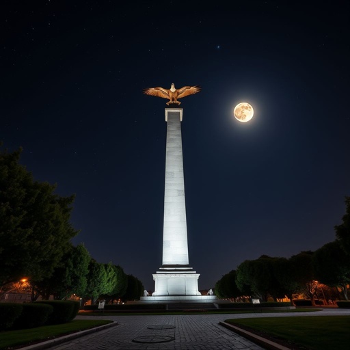 A monumental 15-meter obelisk stands proudly in Paris, illuminated by a serene night sky. Atop the monument, a majestic eagle soars gracefully beneath a glowing moon. Stars twinkle brightly, casting a silvery light on the ancient stone. Surrounding greenery offers contrast, while cobblestone paths invite quiet contemplation.