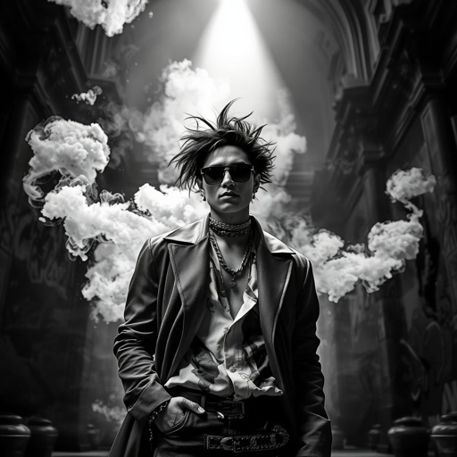 A striking character exuding confidence, adorned in eclectic fashion, surrounded by swirling smoke and abstract graffiti. Dramatic baroque architecture looms in the background. A spotlight casts vivid shadows, enhancing the monochrome palette. Elegance meets rebellion, embodying a cultural revolution. Classical elements intertwine with modernity, creating a compelling visual narrative.