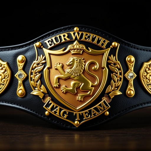 GWF European Tag Team championship belt, rich black leather, vintage shield-shaped plates gleaming in radiant gold, intricate lion champion design etched prominently at the center. Large, bold lettering accentuates the title, showcasing a blend of tradition and dominance. Exquisite detailing, shimmering gold embellishments, luxurious craftsmanship, evoking a sense of glory and achievement.