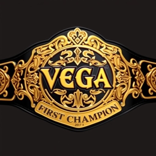 An ornate wrestling belt, shimmering gold and deep black, exuding power and prestige. The words "First Champion" elegantly embossed along the bottom edge in bold, striking font. In the center, "VEGA" stands out, surrounded by intricate patterns and designs, reminiscent of the classic ECW belt. A symbol of victory and pride.