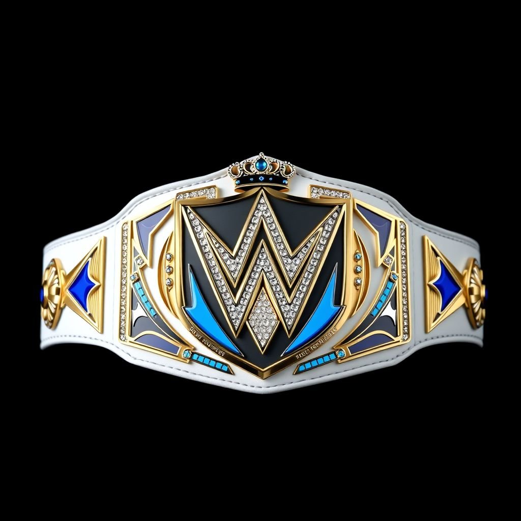 A stunning wrestling belt, trios championship design, exquisite white leather strap, modern shield plate featuring vibrant blue accents, sparkling cubic zirconia gemstones illuminating the overall composition. Regal crown crests and powerful symbols signify unity and strength. An embodiment of resilience, family bonds, and the fierce spirit of fighting together against all odds.