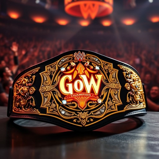 A shimmering gold wrestling belt, intricately designed with ornate patterns and embedded gemstones. Centered is a vibrant emblem indicating "GoW Champion." Rich black leather straps contrast against flawless metal. A backdrop of a roaring crowd in a dimly lit arena enhances the glory of the belt, radiating prestige and power.