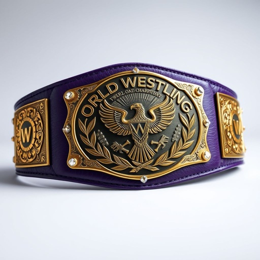 A UWF World Heavyweight Championship wrestling belt, dark purple leather strap, vibrant and bold. An intricately engraved darker gold main plate, ornate with eagle motifs, surrounded by laurel designs. Four small gold side plates enhance the grandeur. Diamond gemstones embellish the edges, reflecting light, exuding prestige and power, reminiscent of vintage elegance.