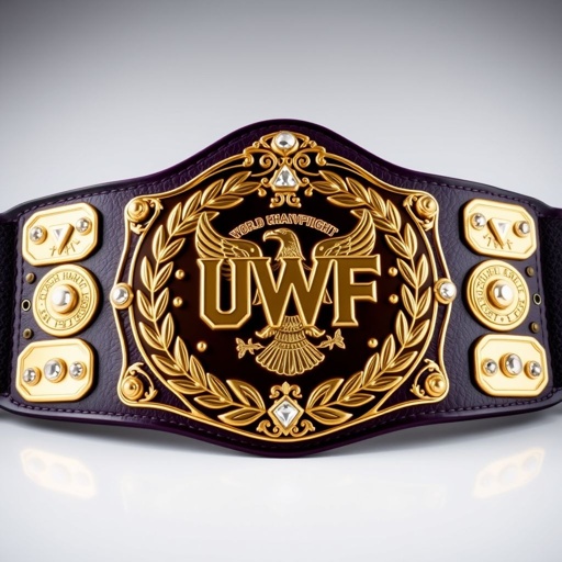 A magnificent wrestling belt showcasing the UWF World Heavyweight Championship. Dark purple leather strap, opulent darker gold main plate, detailed with 4 small gold side plates. Lavish laurel motifs, majestic eagle designs, intricate gold accents across the plate, diamond gemstones embedded, grand size, vintage charm, symbolizing strength and victory.