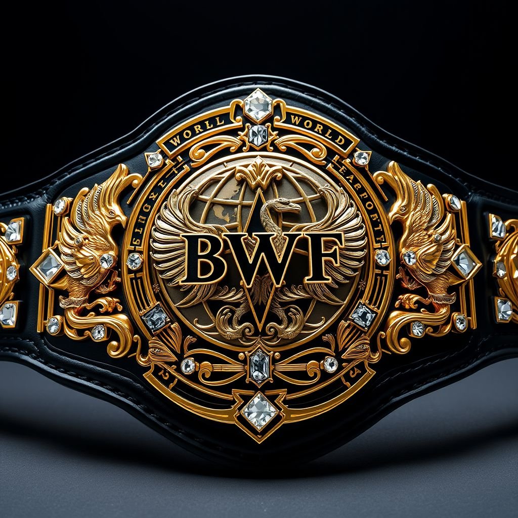 A wrestling belt showcasing the BWF World Heavyweight Champion title, crafted from premium leather, exuding elegance with a glossy black strap. The intricate gold plate features an ornate globe champion design, adorned with shimmering diamond gemstones. Majestic phoenix crests and symbols infused within. Grand size, embodying strength and prestige, realistic art style.
