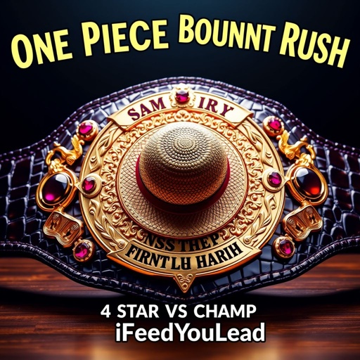 A luxurious alligator skin wrestling belt, shimmering gold plates glistening under bright lights. At center, a straw hat from "One Piece," surrounded by intricate designs. Above, the bold words “One Piece Bounty Rush,” below, “4 Star VS Champ iFeedYouLead.” Multicolor plates adorned with ruby gemstones and skull crests, majestic and striking.