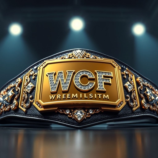 A stunning wrestling belt gleams under bright lights, the WCF Ultimate Championship emblazoned boldly on a rectangular gold plate. The luxurious leather strap, deep black and intricate in texture, cradles sparkling diamond gemstones set in exquisite patterns. Whimsical anime art style embellishes the design, merging strength and artistry in perfect harmony.