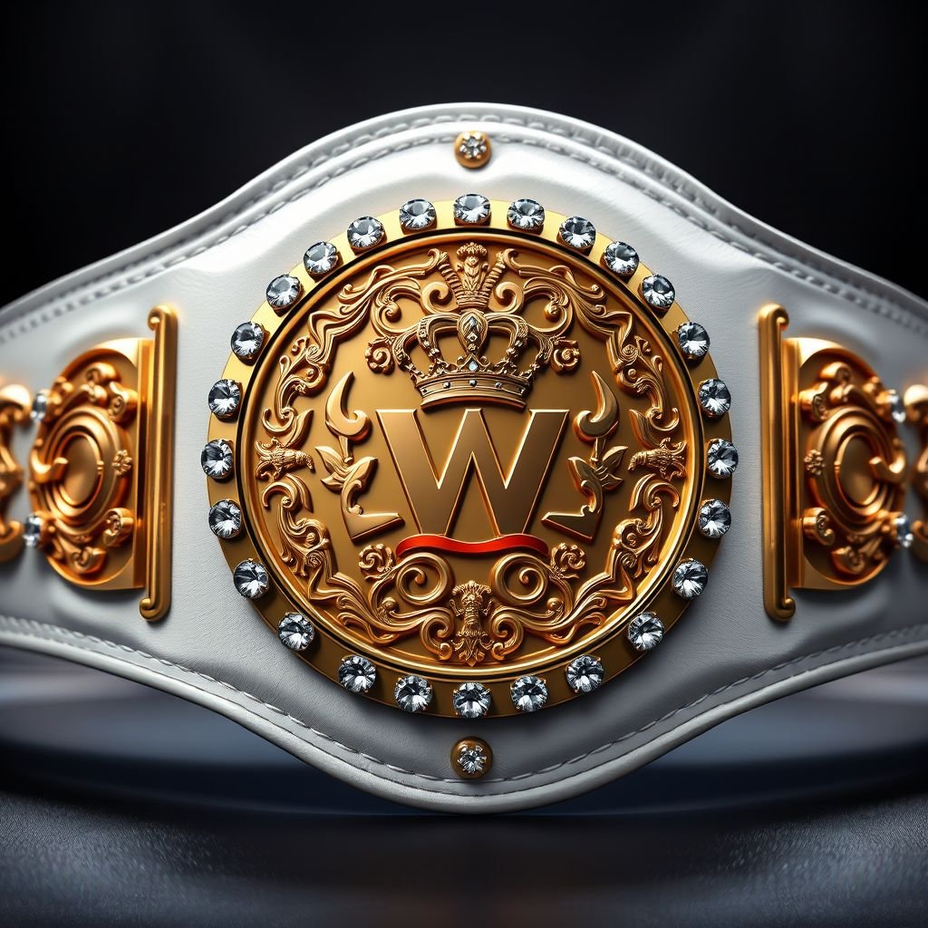 A regal wrestling belt crafted from supple white leather, featuring a glossy, circular gold plate adorned with intricate crown crests and symbols. Diamond gemstones encrust the edge, glimmering under bright lights. The classic plate design emanates prestige, showcasing the title of champion, embodying strength, honor, and triumph in a captivating, realistic art style.
