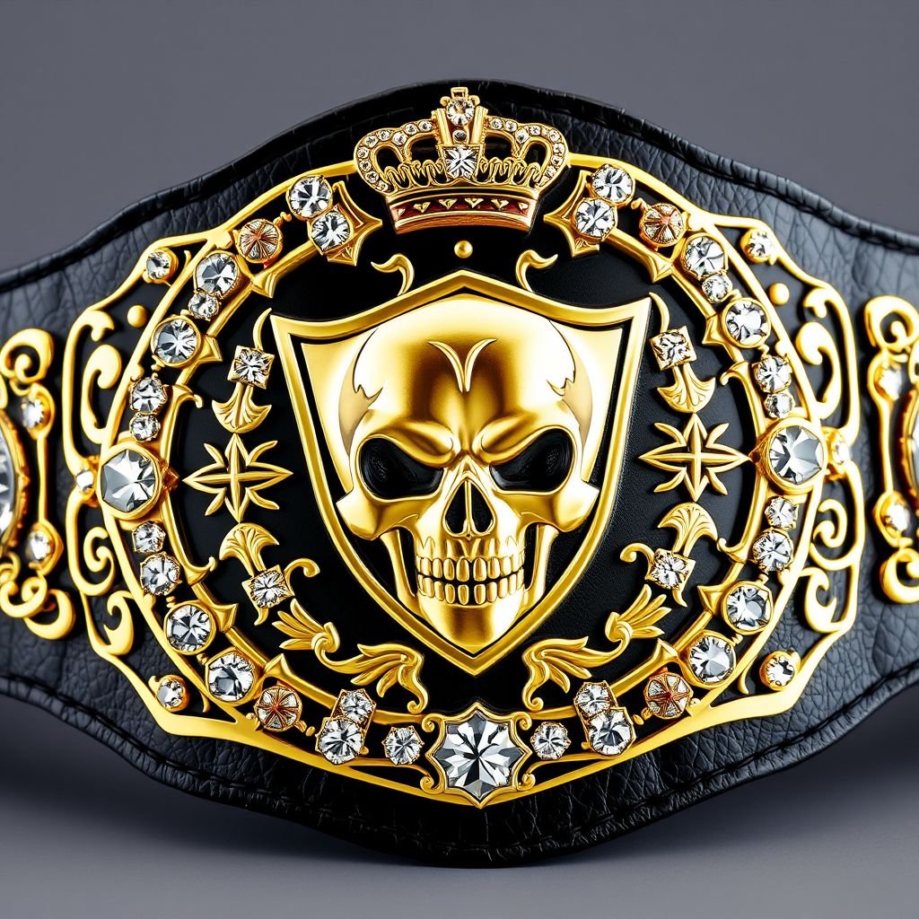 A striking wrestling belt featuring a classic plate design, adorned with a glossy black leather strap. The centerpiece showcases a shield-shaped gold plate, intricately etched with a fierce skull motif. Brilliant crystal gemstones embellish the edges, surrounded by regal crown crests and symbols, exuding power and prestige. A bold champion design.