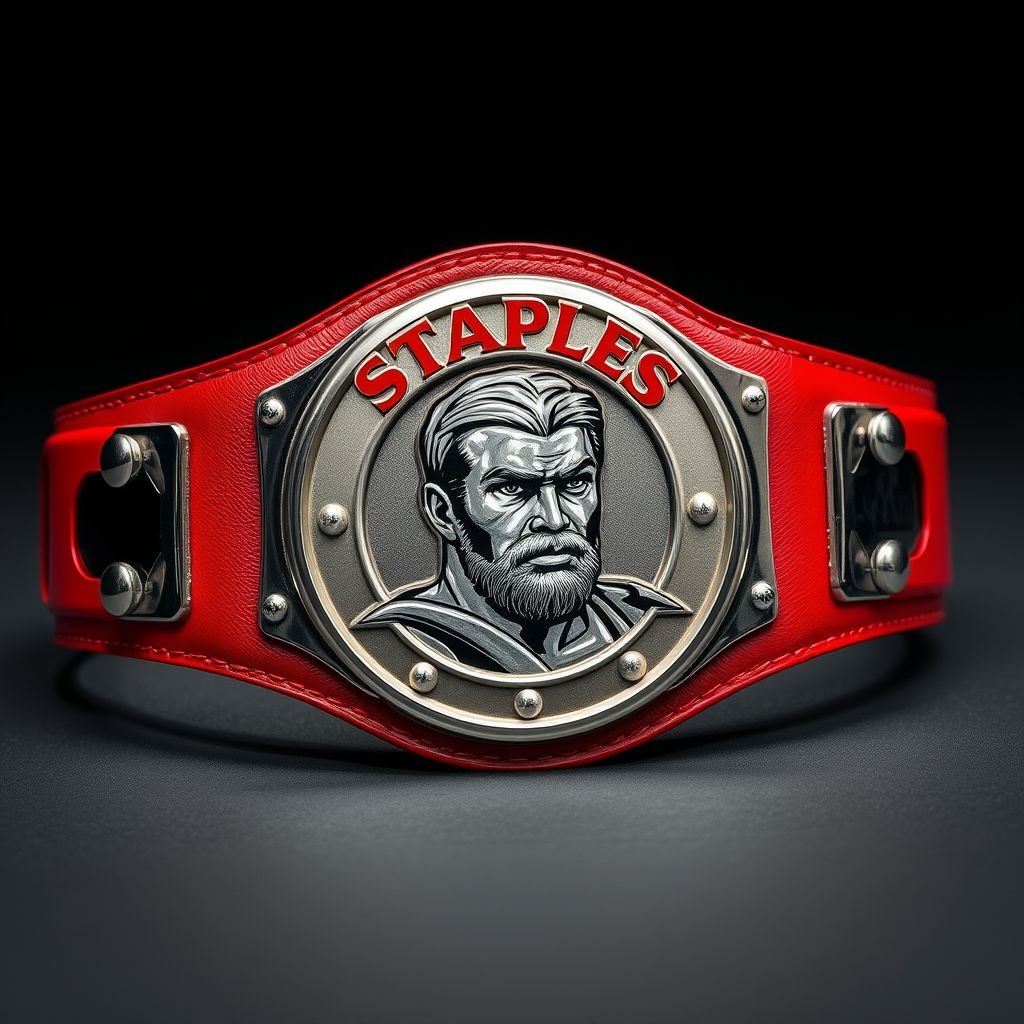 A wrestling belt adorned with the Staples logo, crafted from rich leather. The vivid red strap contrasts beautifully with a sleek, circular silver plate. Modern plate design featuring intricate details, showcasing a portrait of a champion. Realistic art style highlights textures, capturing the essence of strength and celebration in an iconic emblem.