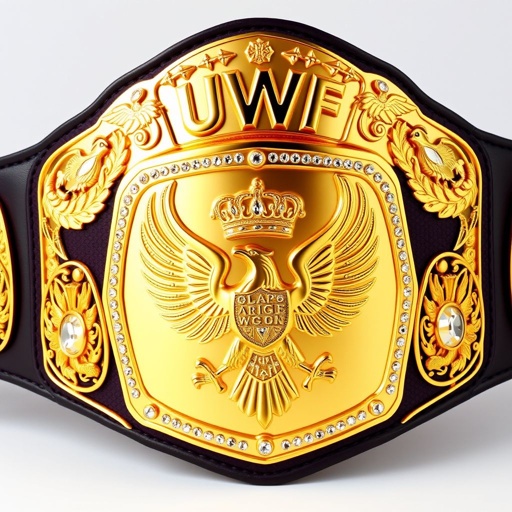 A magnificent wrestling belt, UWF World Heavyweight Championship. Dark purple leather strap, soft yet durable. Four intricately designed side plates, shimmering darker gold, featuring eagle and laurel motifs. Luminous main plate, entirely in gold metal, embossed with a regal eagle champion design. Dazzling diamond gemstones, grand in size, accentuates crown crests and symbols.