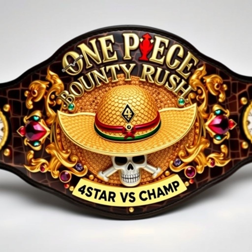 A dazzling wrestling belt featuring an alligator skin texture, rich and luxurious. A central straw hat from "One Piece", adorned with intricate designs. Above, bold lettering reads "One Piece Bounty Rush"; below, the phrase "4 Star VS Champ iFeedYouLead." Gold accents, multicolored plates, skull crests, and ruby gemstones enhance the opulence.
