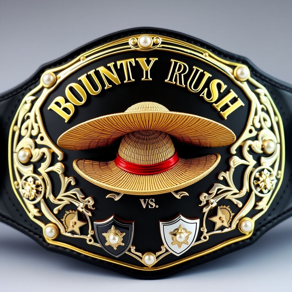 A grand wrestling belt, centered with a distinctive straw hat from “One Piece.” The words “One Piece Bounty Rush” elegantly arched above, while “3 Star VS Champ iFeedYouLead” rests below. Vinyl material, a glossy black strap, engraved silver plates, shield-shaped accents, adorned with star crests and shimmering pearl gemstones, convey ultimate championship prestige.