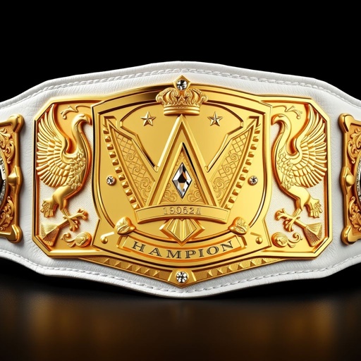 A stunning wrestling belt glistening with a luxurious gold plate, intricately designed with a crown champion motif. The white leather strap exudes elegance, adorned with diamond-shaped gemstones. Majestic eagle crests and intricate symbols embellish both sides, reflecting a sense of triumph and strength. Realistic textures inviting admiration and desire.