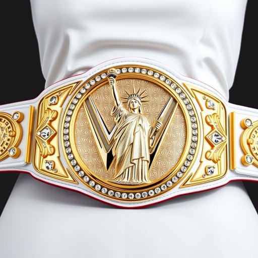 A WWE Women's Liberty championship belt with a pristine white strap, exuding elegance. The circular main plate vividly portrays the Statue of Liberty, her majestic figure adorned with intricate engravings. Surrounding the statue, sparkling gems catch the light, enhancing the vibrant gold accents. A symbol of strength and empowerment, radiating pride.