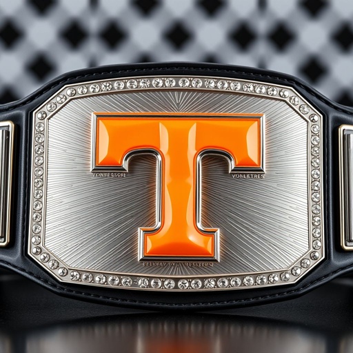 A grand wrestling belt showcased prominently, featuring a sleek black strap. Engraved checkerboard background on the rectangular plate. A striking orange Tennessee Volunteers Power T logo, constructed from radiant diamonds, glimmers with silver trim. Stacked plates create a dynamic 3D effect, embodying a bold, modern cubist art style, large and eye-catching.