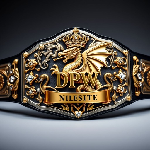 A magnificent wrestling belt, adorned with a regal gold dragon wearing an intricate crown. The DPW Undisputed logo occupies a central position. A metal belt shines with an edgy plate design, complemented by a sleek black strap. Gold plate accents highlight gothic artistry, while cubic zirconia gemstones sparkle amidst crown crests and symbols.