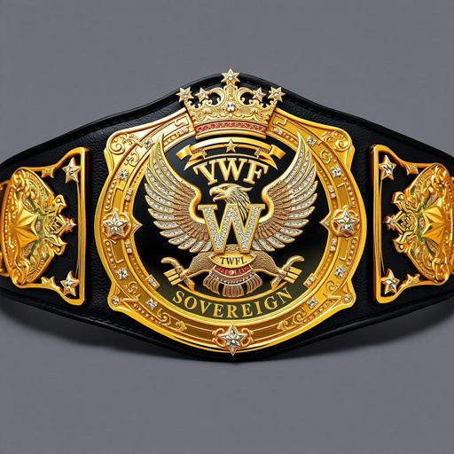 A regal wrestling belt featuring the VWF Sovereign World Championship, adorned with stars, eagles, and a majestic crown motif. Four intricate gold side plates accompany a large main plate, showcasing finely engraved designs. The black leather strap contrasts elegantly with the golden, diamond-studded embellishments and elaborate star crests, exuding prestige.
