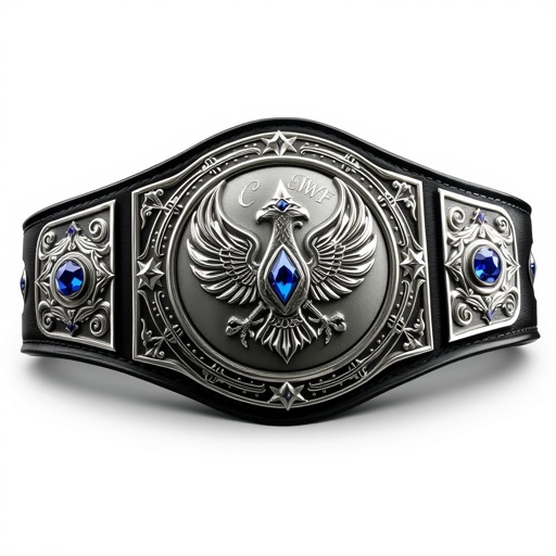 Wrestling Belt, a magnificent, prestigious championship symbol. Luxurious black leather strap, contrasting with a gleaming circular silver plate. Intricate engravings depicting the WWF Winged Eagle design, glistening sapphire gemstones accentuating the centerpiece. Elegantly embellished with star crests, bold symbols, radiating an aura of triumph, excellence, and elite wrestling heritage. Realistic art style.