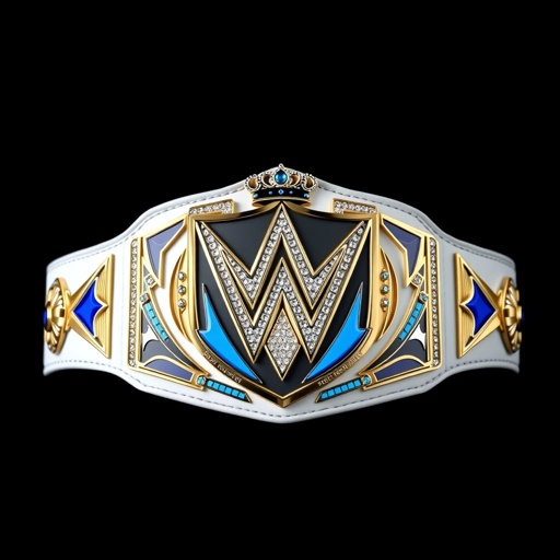 A stunning wrestling belt, trios championship design, exquisite white leather strap, modern shield plate featuring vibrant blue accents, sparkling cubic zirconia gemstones illuminating the overall composition. Regal crown crests and powerful symbols signify unity and strength. An embodiment of resilience, family bonds, and the fierce spirit of fighting together against all odds.