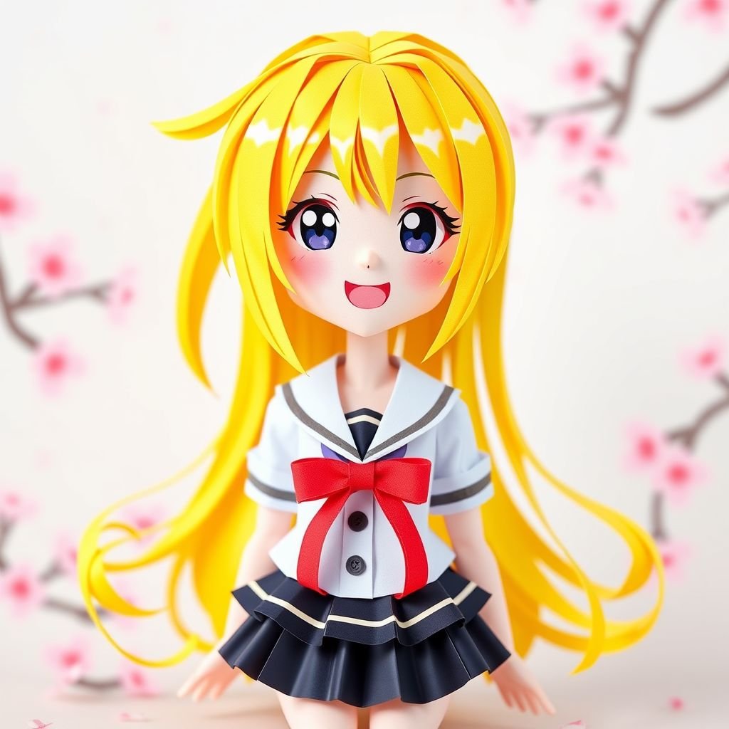 Intricately folded, colorful papercraft figure of Chitoge Kirisaki from Nisekoi, vibrant yellow hair cascading gracefully, oversized expression full of mischief, intricately detailed school uniform with a bright red ribbon, delicate paper texture, medium size, elegantly posed, surrounded by soft pastel backgrounds, hints of cherry blossoms, inviting atmosphere of springtime cheerfulness.