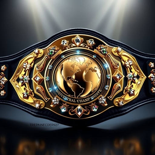 A magnificent wrestling belt, the VWF Universal World Championship. Grand gold surfaces adorned with multicolored gems. Luxurious leather strap, striking black hue. Intricate plate designs resembling iconic titles. Star crests embellishing edges, dazzling diamond gemstones gleaming under lights. Globe champion design at the center, an emblem of victory and prestige. Radiance, opulence, history intertwined.