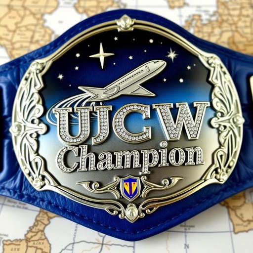 An elaborate wrestling belt, showcasing the UCW Coast 2 Coast Championship. A map background intertwines with a stylized plane soaring under a starry sky. The leather strap, deep blue, gleams with an oval silver plate. Intricate engraved designs and shimmering rhinestones embellish the large, bold 'Champion' text, vibrant shield crests enhancing the abstract art.