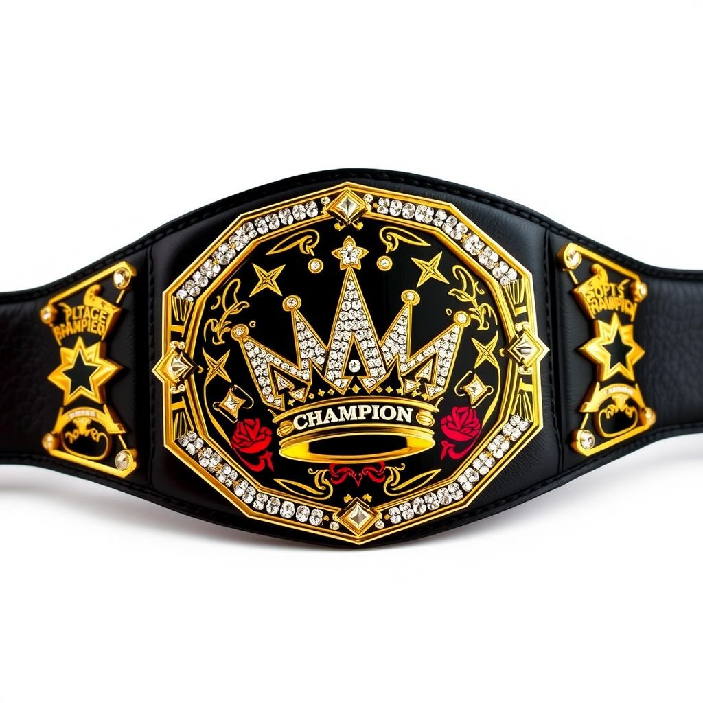 A bold wrestling belt crafted from luxurious black leather, showcasing a vintage plate design with an intricate golden crown champion motif. Pentagon-shaped plate adorned with sparkling rhinestone gemstones. Vibrant pop art style elements flourish around star crests and symbols, exuding a powerful presence. Adult size, a celebration of achievement and strength.