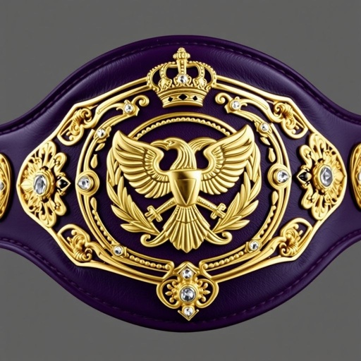 A wrestling belt gleams with an opulent aura, dark purple leather strap cradling a majestic gold metal main plate. Intricate eagle and laurel motifs embellish the four side plates, each shimmering with dark gold accents. Oval-shaped design, adorned with diamond gemstones and crown crests, symbolizes victory and grandeur. Vintage aesthetics prevail.