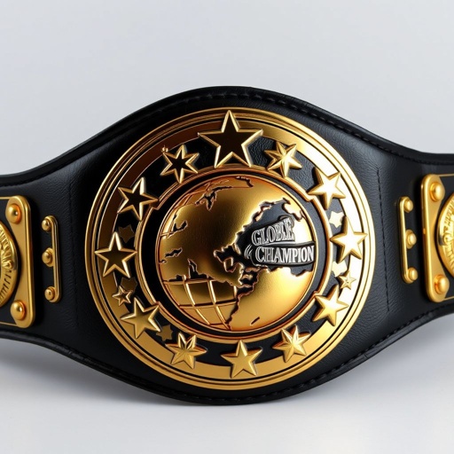 A prestigious wrestling belt, emblematic of triumph, crafted from smooth black leather. The classic oval plate gleams with a rich gold hue, showcasing the globe champion design. Large, intricate star crests and symbolic motifs adorn the plate, exuding power and honor. The sturdy strap, plush yet durable, completes this iconic championship piece.