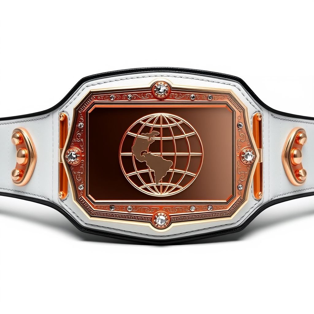 A striking Outercontinental Wrestling Belt, crafted from premium leather with a pristine white strap. The centerpiece features a sleek rectangular plate, shimmering in rose gold, adorned with an intricate globe champion design. The absence of gemstones highlights the belt’s bold elegance, showcasing an extra-large size fit for a distinguished champion.