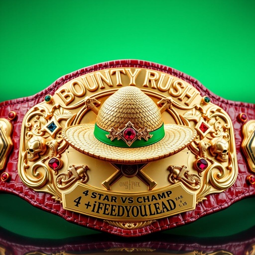 A luxurious wrestling belt crafted from alligator skin, shining in gold. The centerpiece is a straw hat, iconic from “One Piece.” Above, the phrase “One Piece Bounty Rush” boldly emblazoned, while below, “4 Star VS Champ iFeedYouLead” elegantly inscribed. Surrealist art style accents, multi-colored plates, adorned with ruby gemstones, skull crests, and intriguing symbols. Large, striking, and vibrant.