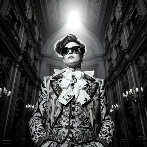 A stylish figure exuding confidence, adorned in eccentric yet elegant attire. Baroque architecture looms in the background, intricate details capturing the eye. A spotlight bathes them in captivating light, contrasting against high-contrast black and white hues. An atmosphere rich in classical music, whispers of romance, and artistic authenticity enveloping the scene.